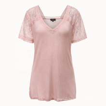 women elegant Deep V neck lace pink T-shirt garment dip dyed stretch and draping rayon knit Tunic with lace shoulder and sleeve